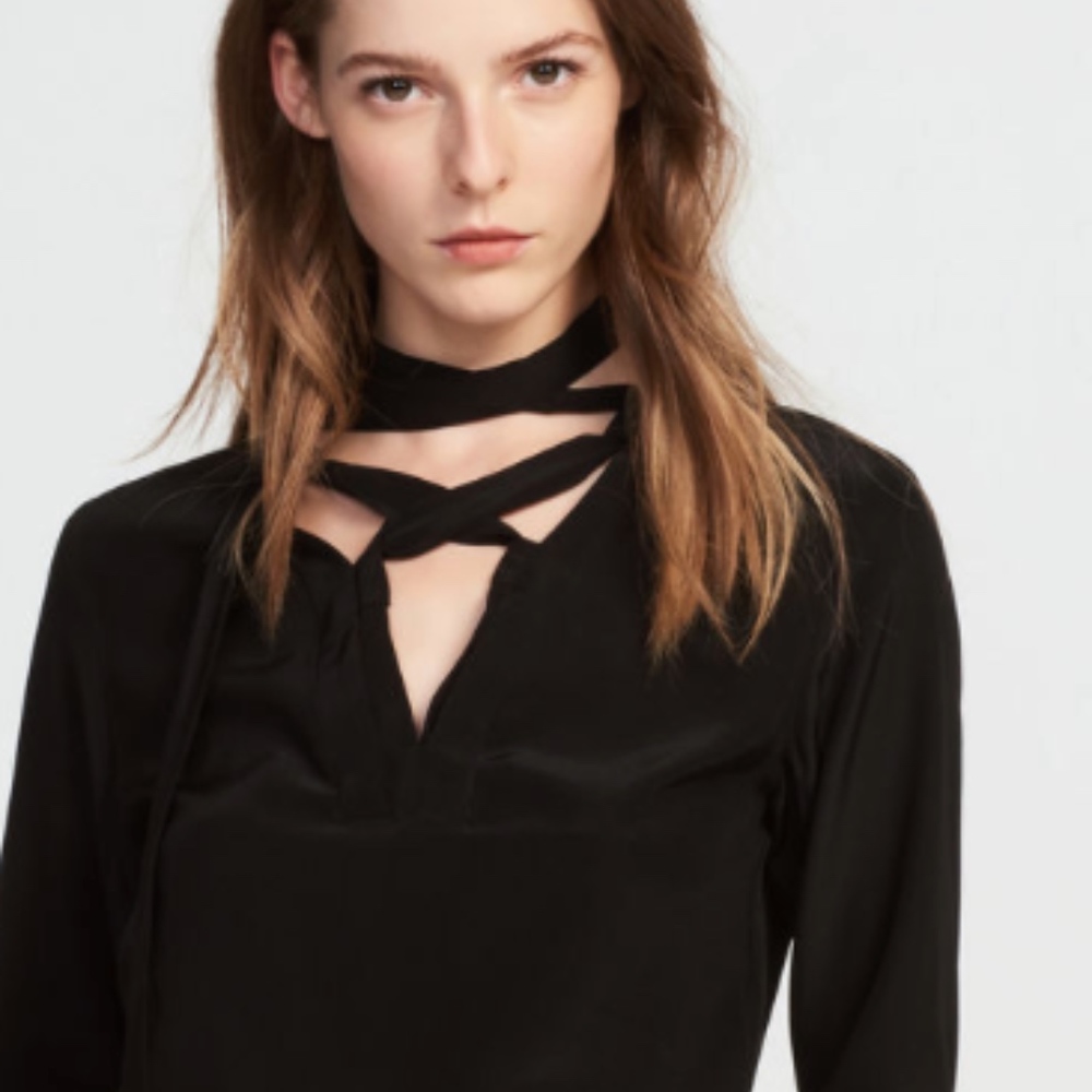 Sandro Silk Long Sleeve V-Neck Lace-Up Top